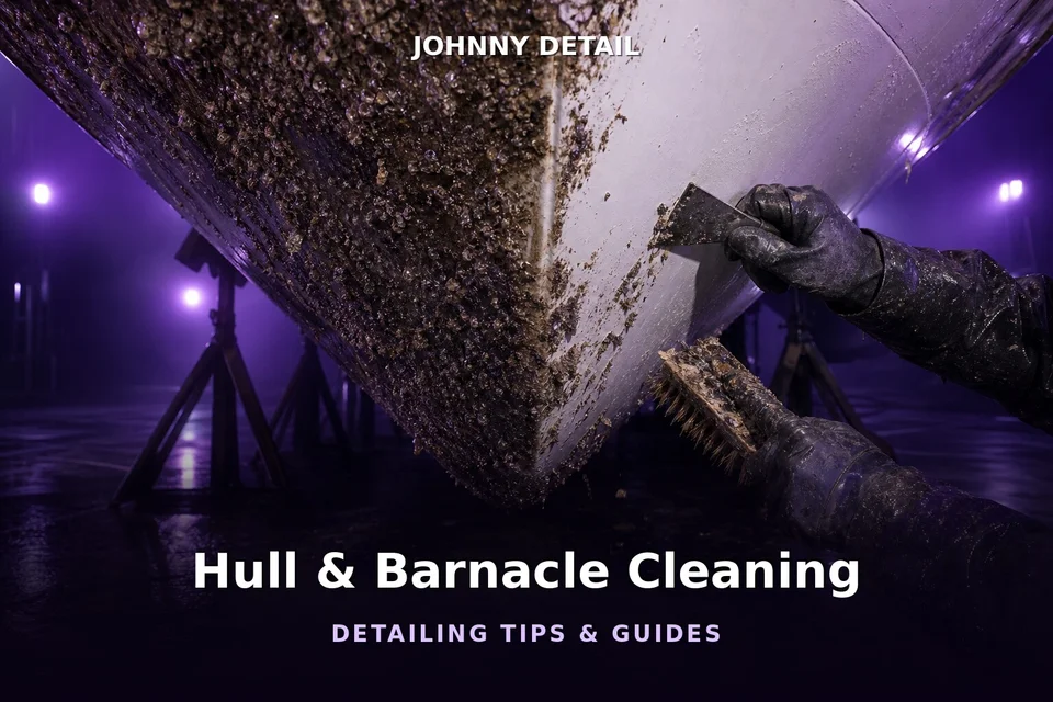 Boat hull barnacles being scraped to clean gelcoat under purple lighting — Johnny Detail hull cleaning guide