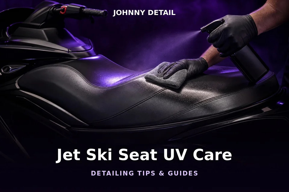 Jet ski vinyl seat treated with UV protectant under purple lighting — Johnny Detail jet ski seat care guide
