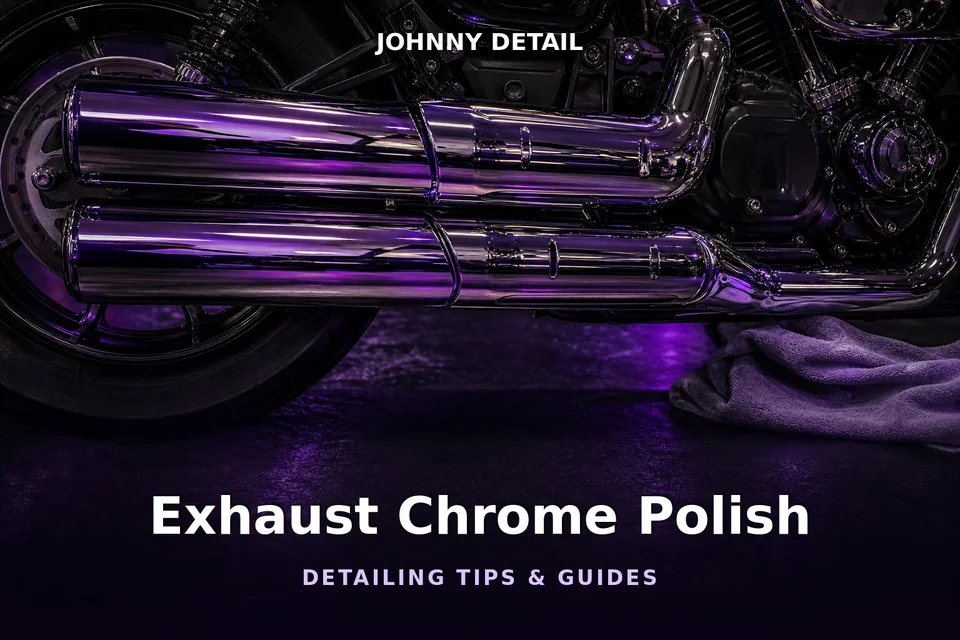 Polished chrome motorcycle exhaust gleaming under purple studio lighting — Johnny Detail exhaust polishing guide