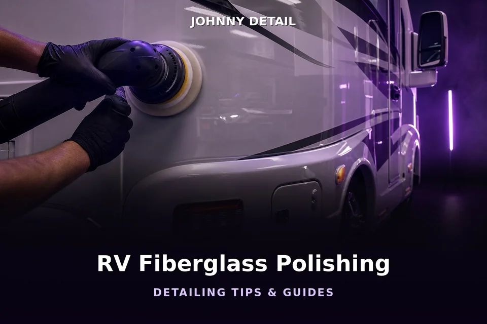 Orbital polisher buffing an RV fiberglass panel under purple studio lighting — Johnny Detail RV fiberglass polishing guide