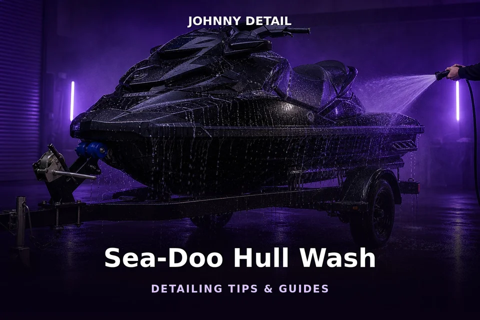 Jet ski being rinsed on a trailer under purple studio lighting — Johnny Detail Sea-Doo hull wash and salt flush guide
