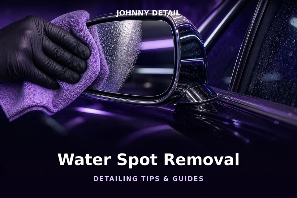 Microfiber cloth removing water spots from a mirror under purple studio lighting — Johnny Detail water spot removal guide