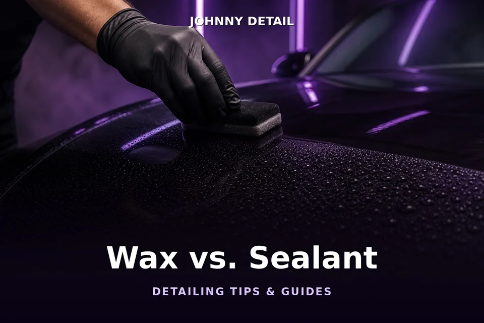 Gloved hand applying paint sealant to a glossy dark car hood under deep purple studio lighting — Johnny Detail guide to wax vs. sealant