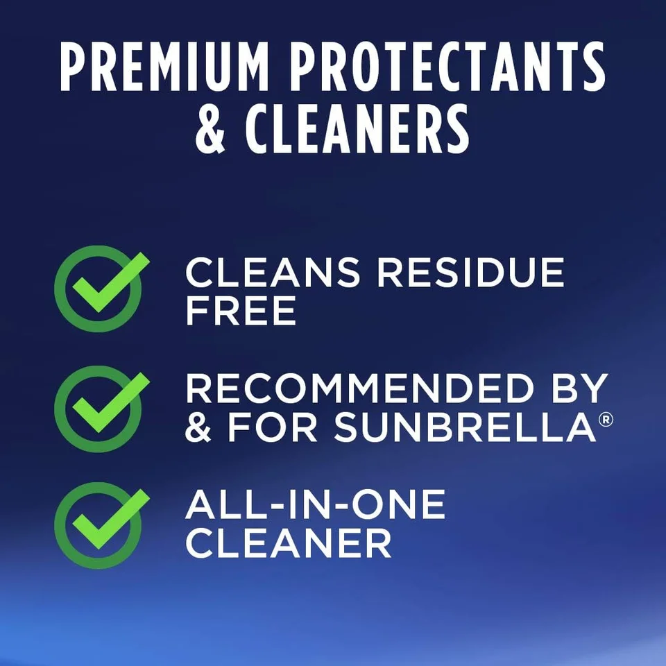Graphic listing premium protectants and cleaners benefits with three green check marks