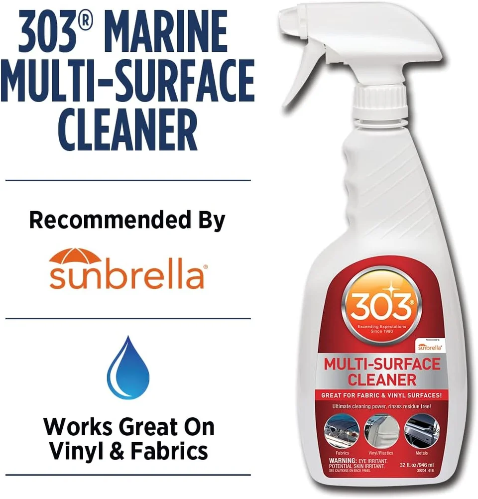 303 Marine Multi-Surface Cleaner spray bottle graphic with Sunbrella and fabric-safe icons