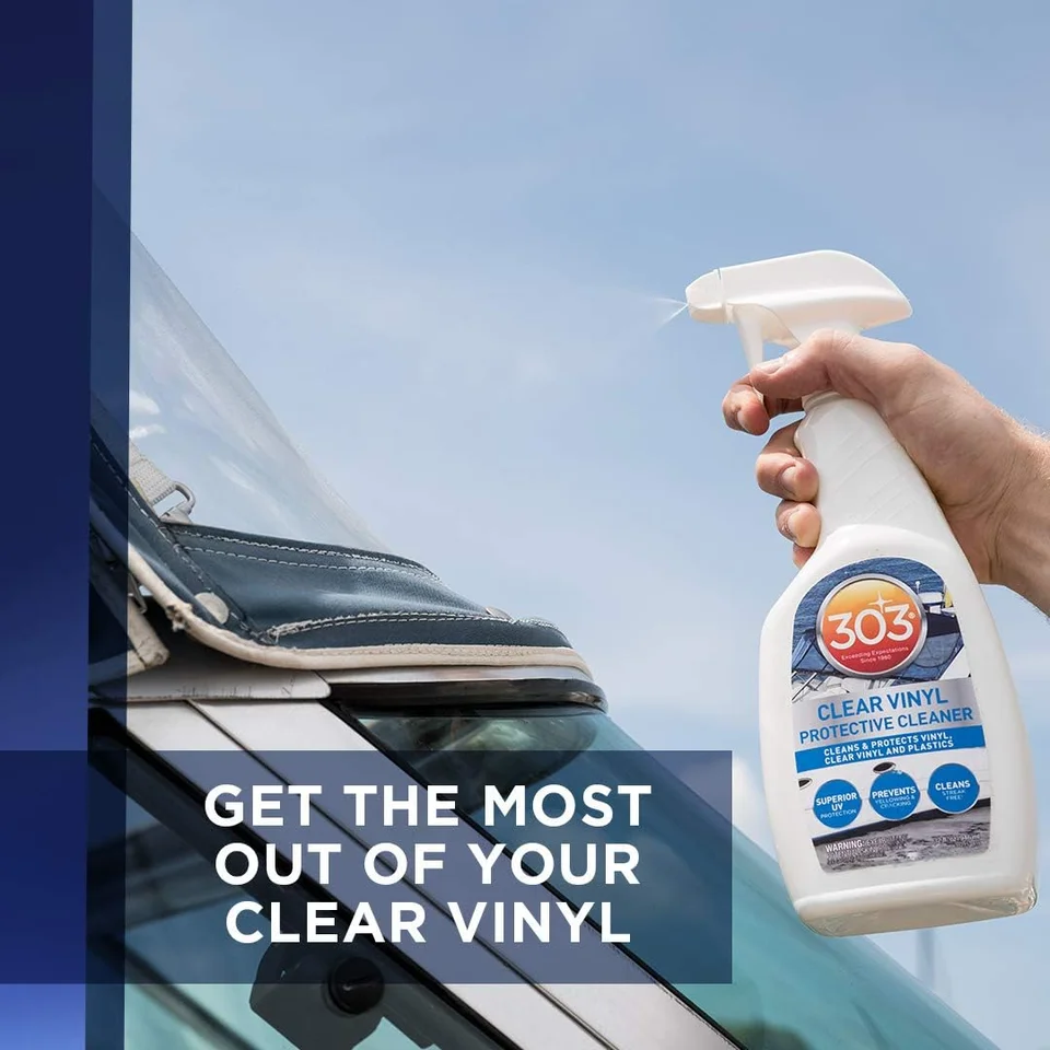 Hand spraying vinyl cleaner on a car windshield, with promotional text overlay.