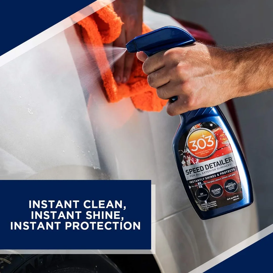 Hand spraying Armor All Speed Shield on a white car door, with text overlay