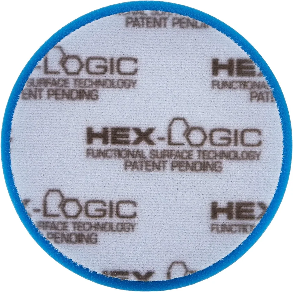 Hex-Logic logo pattern on a white circular pad with a blue rim