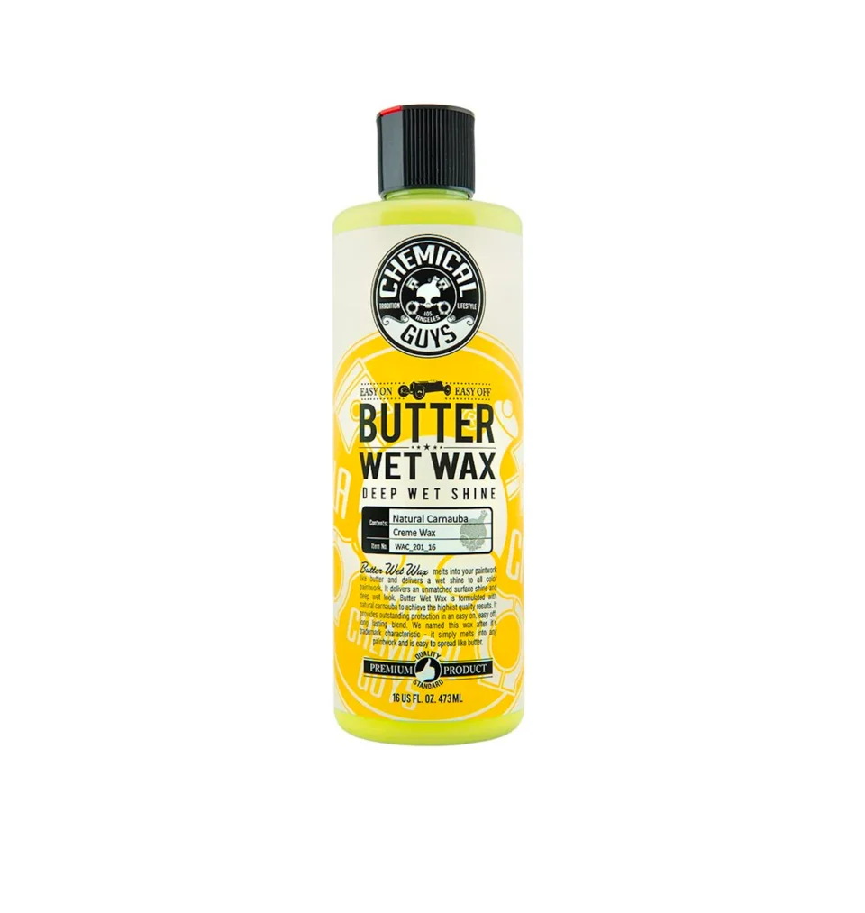 Yellow bottle of Butter Wet Wax car polish with black cap, product photo