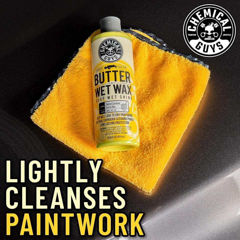 Chemical Guys Butter Wet Wax bottle on yellow cloth with "Lightly Cleanses Paintwork" text