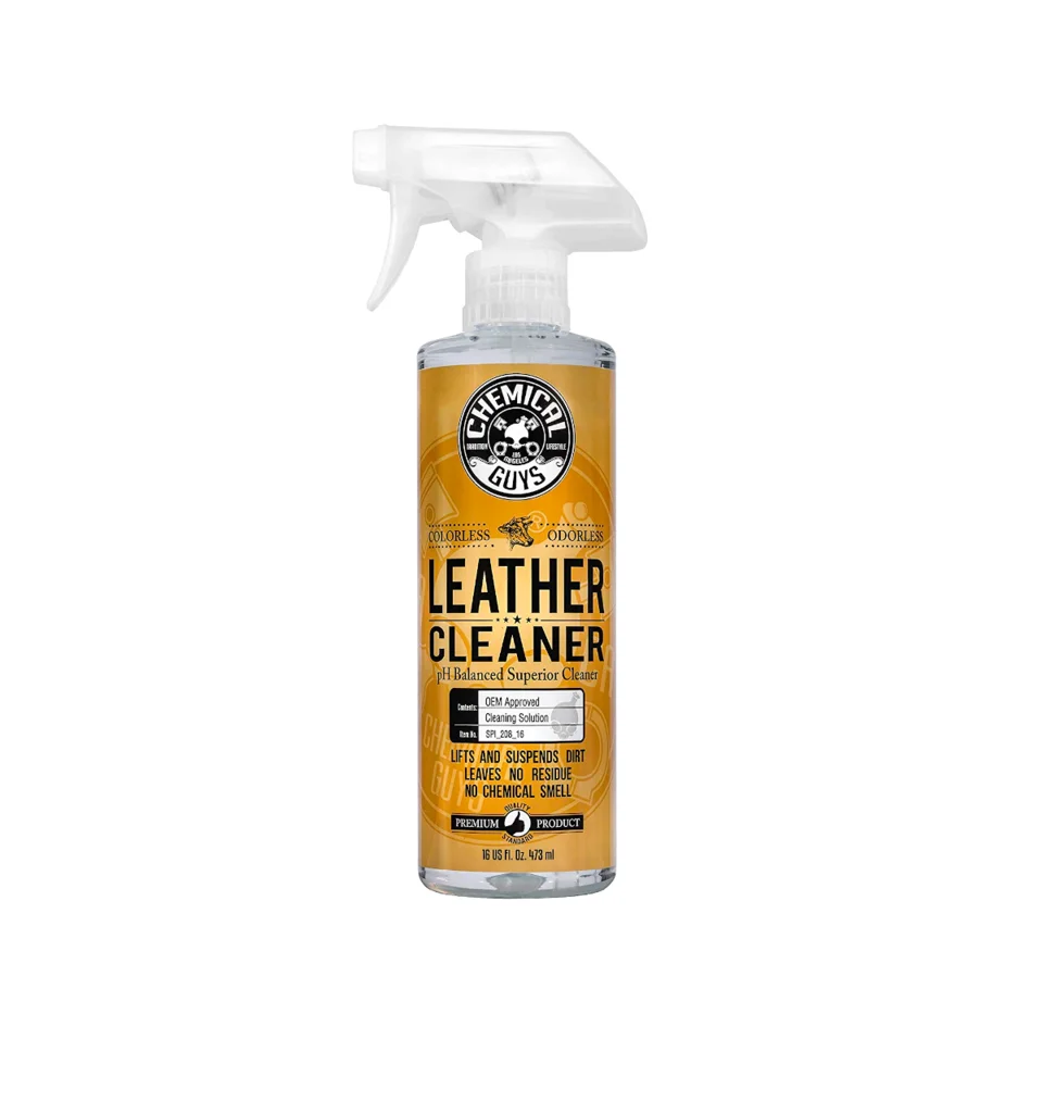 Bottle of Chemical Guys leather cleaner with spray nozzle on white background