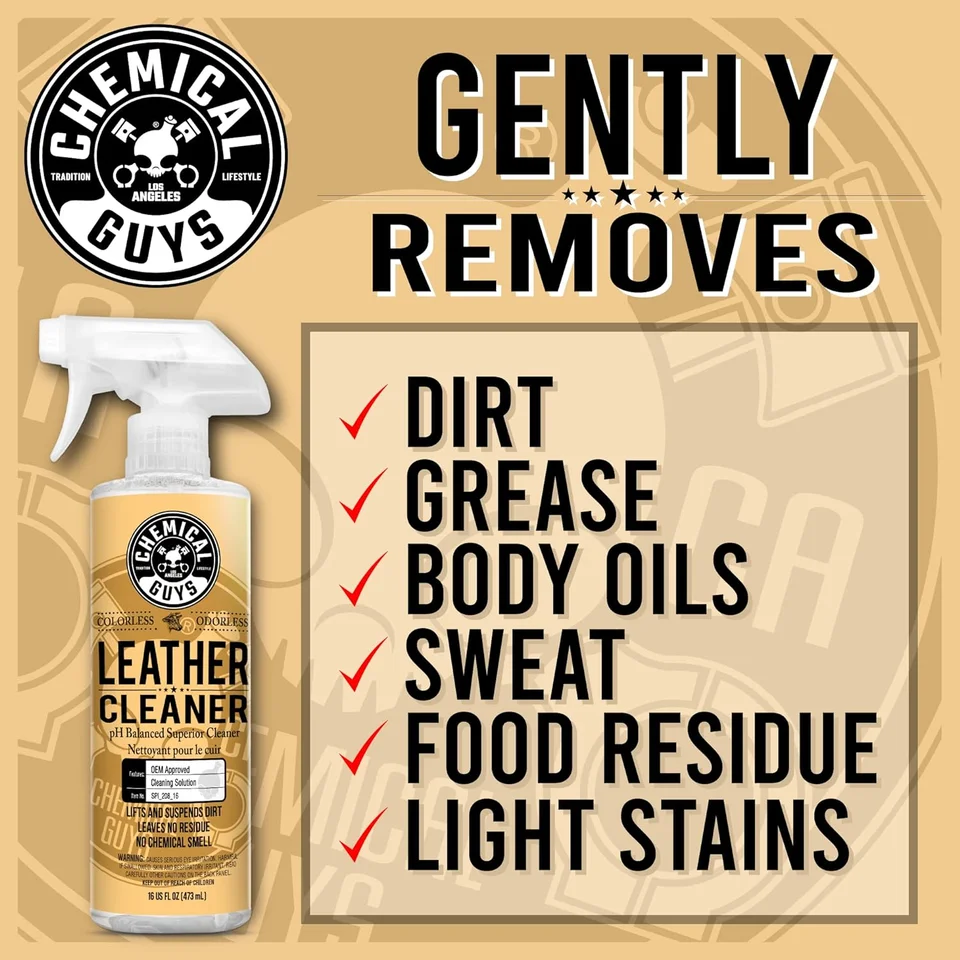 Chemical Guys Leather Cleaner bottle with “Gently Removes” dirt, grease, and stains.