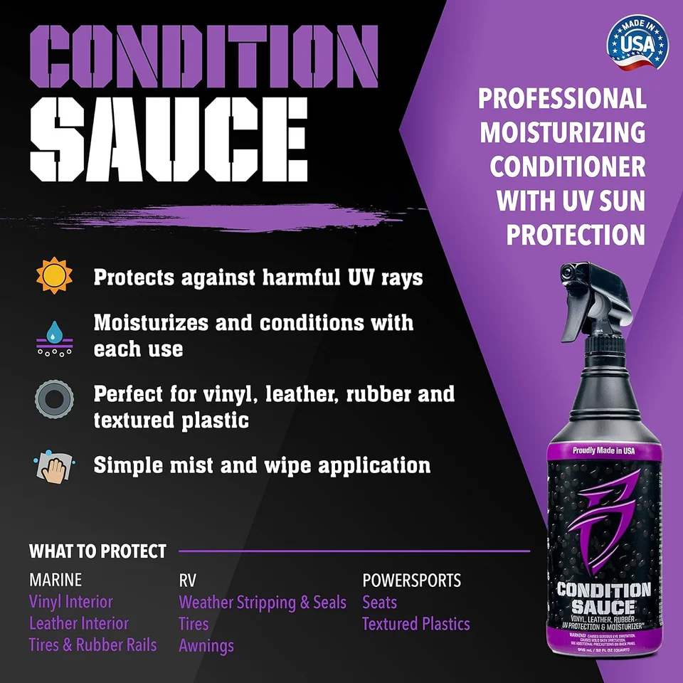 Graphic for Condition Sauce! UV-protective conditioning spray bottle on purple background