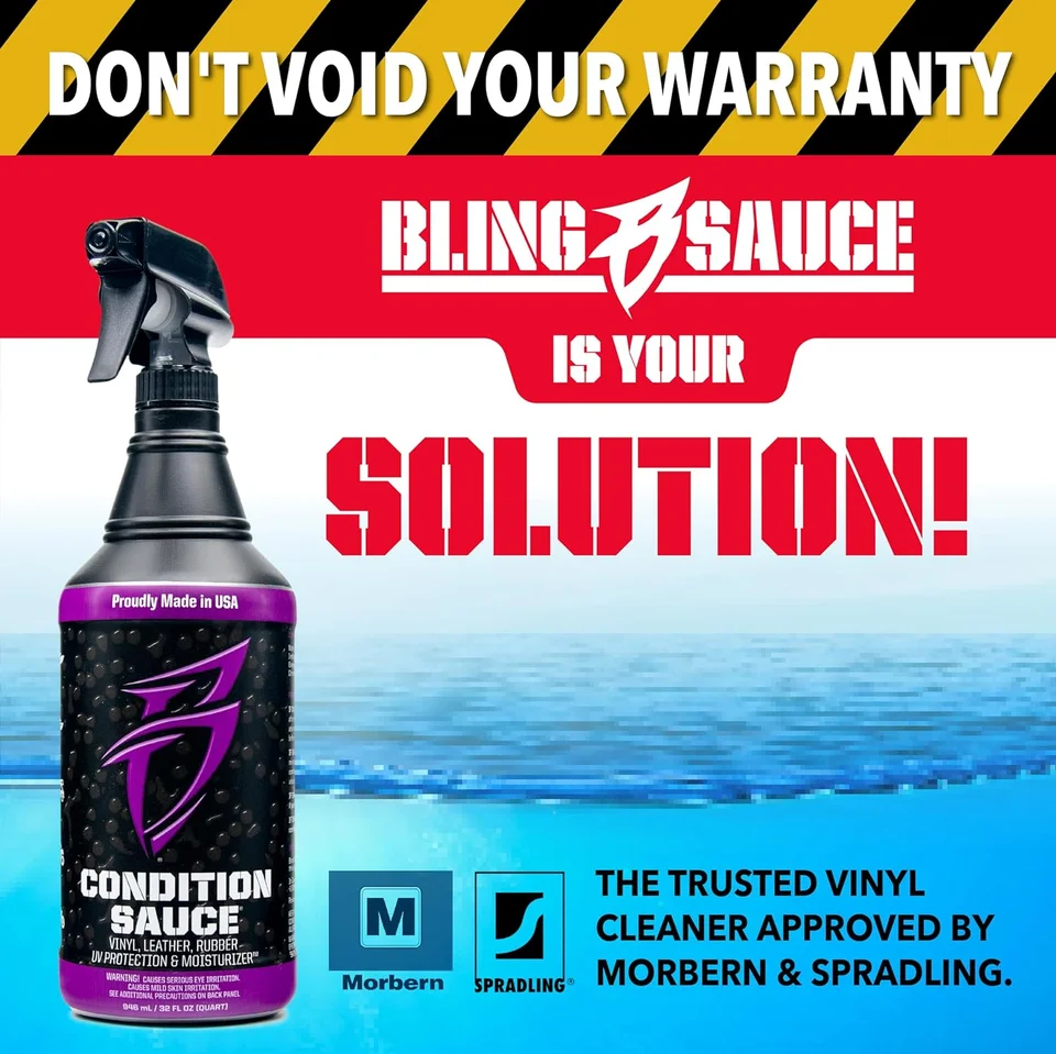 Promotional graphic for Bling Sauce Condition Sauce spray, with bold warranty message.