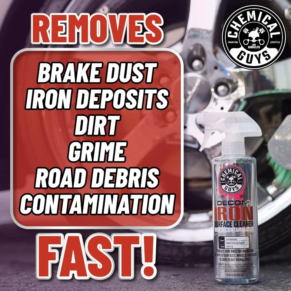 Ad for Chemical Guys Decon Pro Iron Remover spray beside a car wheel, with bold text.