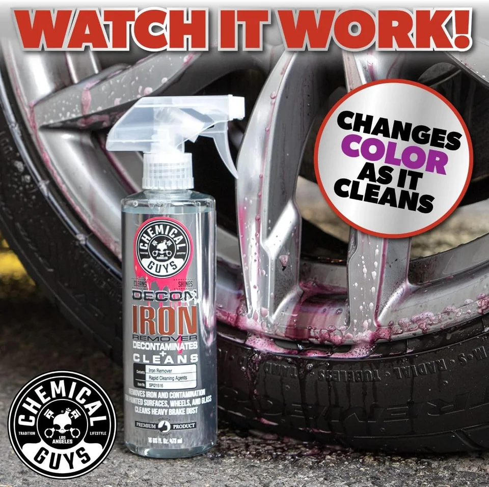 Bottle of wheel cleaner beside a car rim; text says, "Watch it work!"