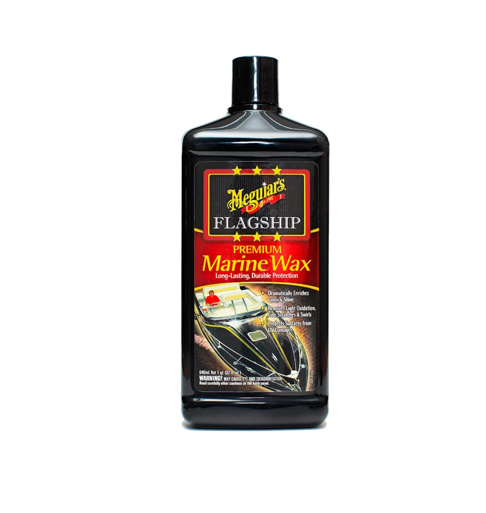 Black bottle of Flagship Marine Wax with a boat graphic on the label