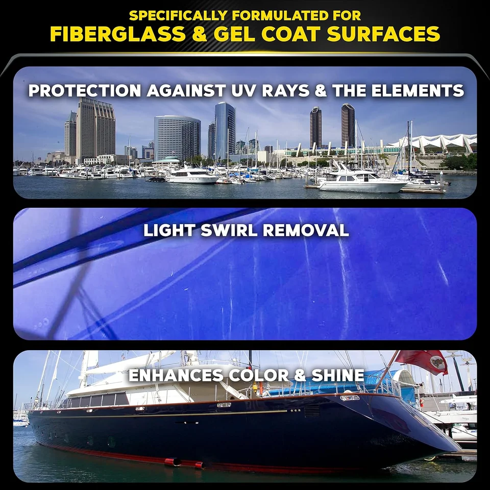 Graphic showing boat polishing benefits: UV protection, swirl removal, color and shine.