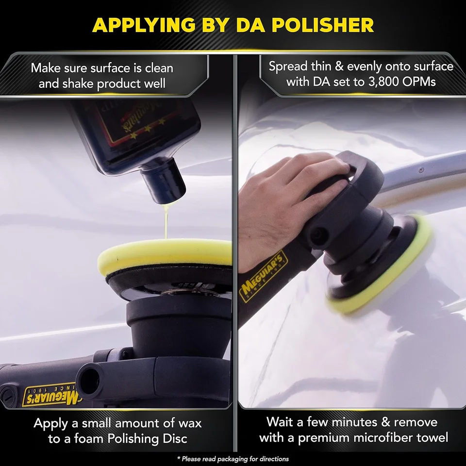 Graphic with four steps for applying DA polisher wax to a white car panel.