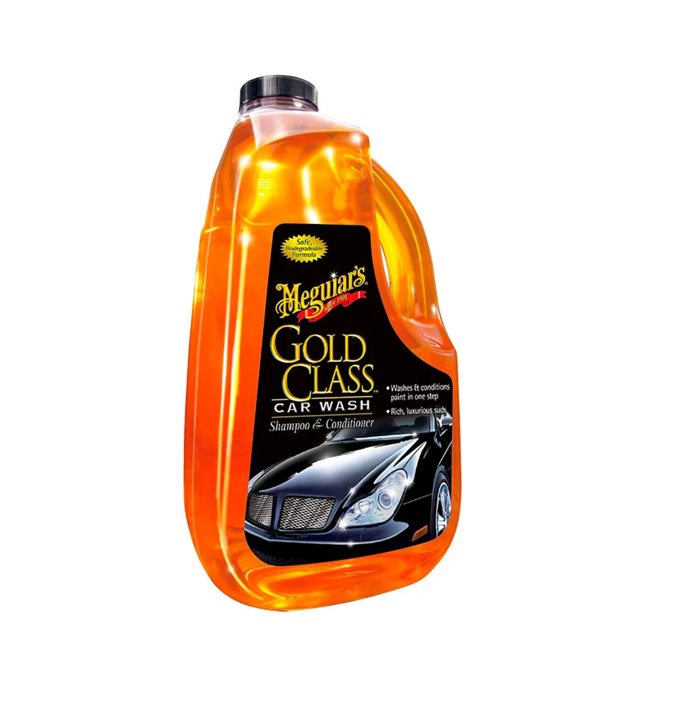 Bottle of Gold Class car wash shampoo with orange liquid and black label
