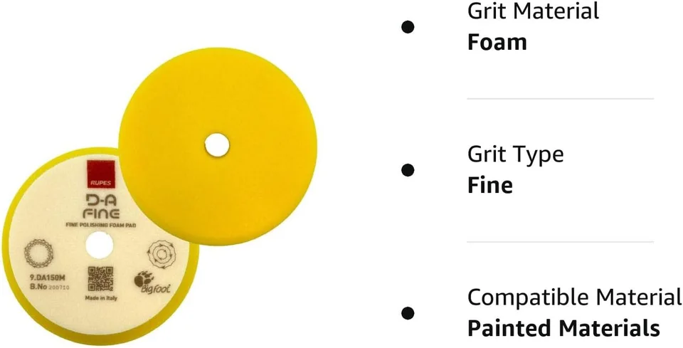 Graphic of a yellow circular grit type guide: foam, fine, compatible with painted materials.