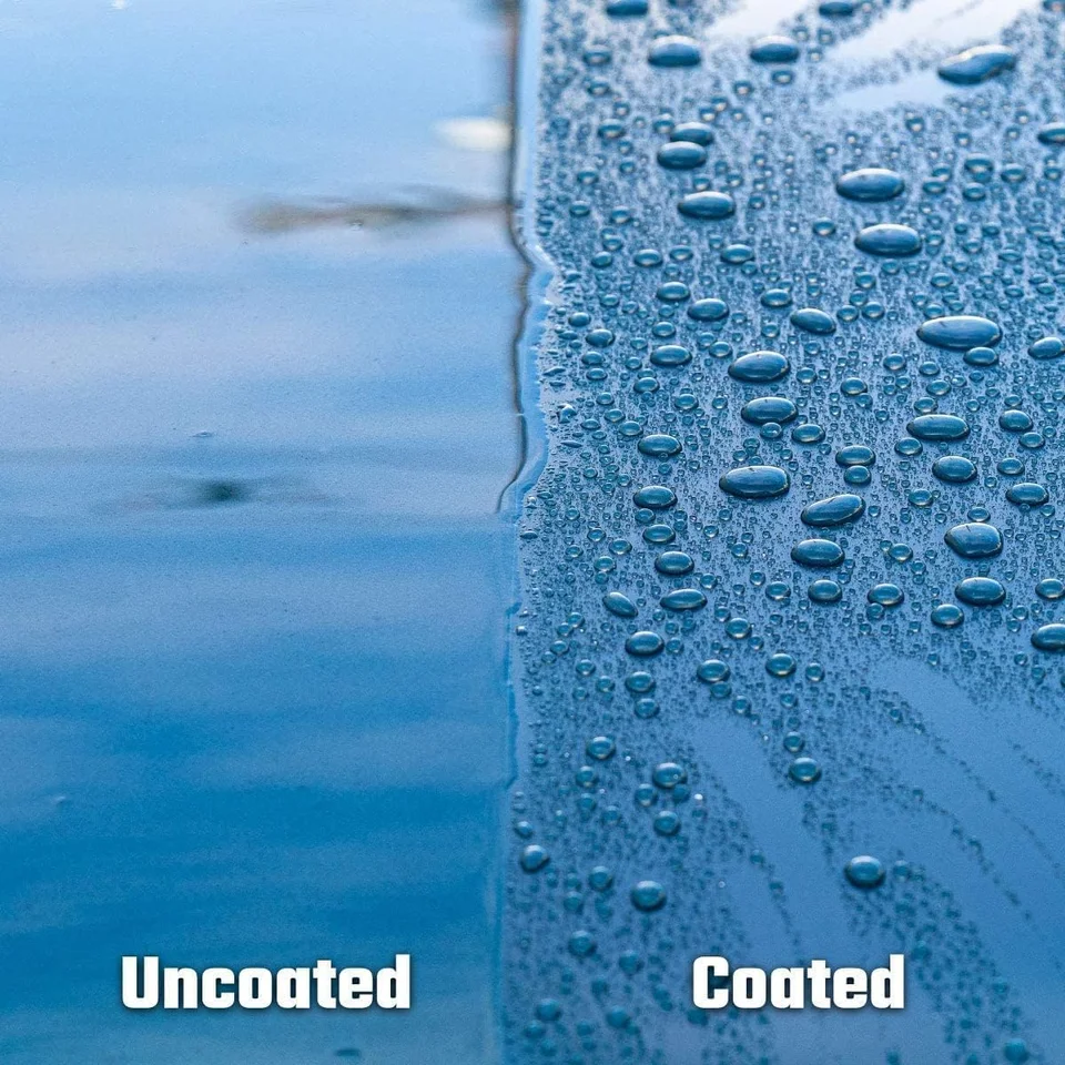 Split graphic comparing uncoated and coated glass; water beads on the coated side.