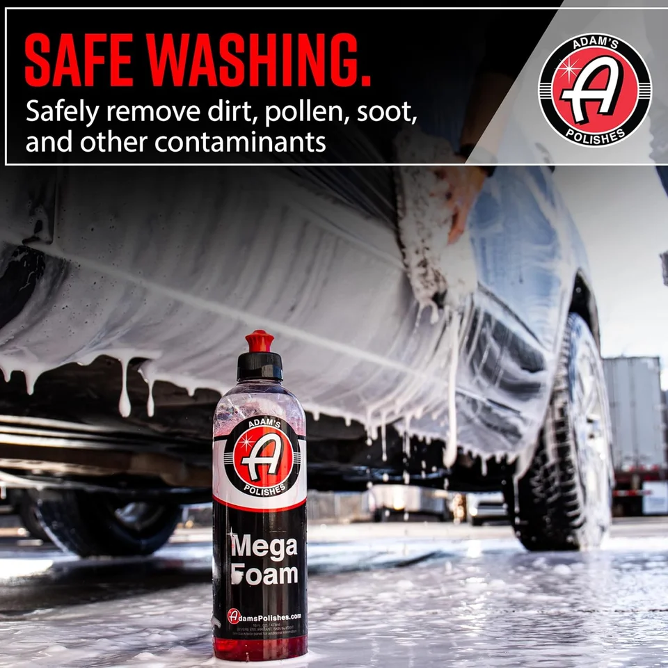 Bottle of Adam's Mega Foam under a soapy car with “Safe Washing” text.