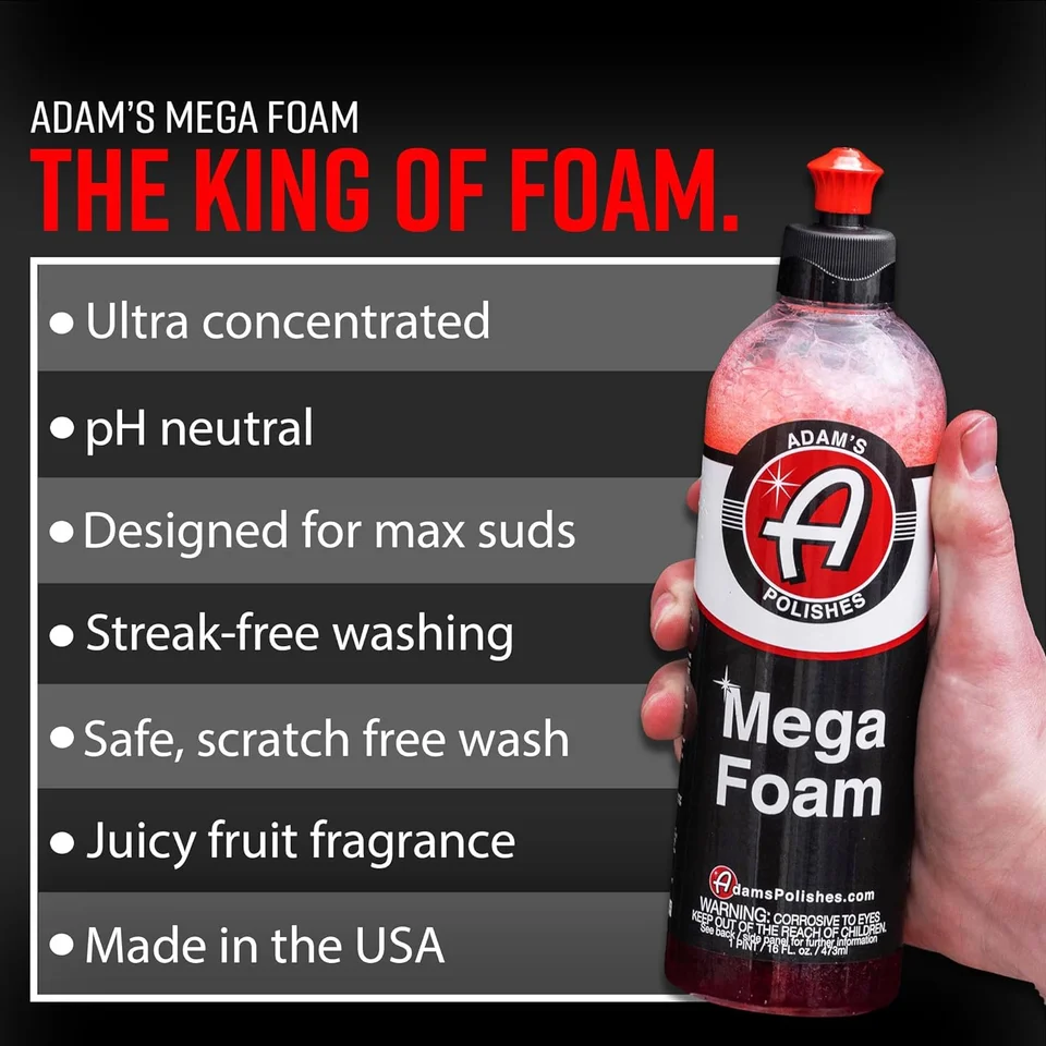 Mega Foam car wash bottle beside feature list on black background