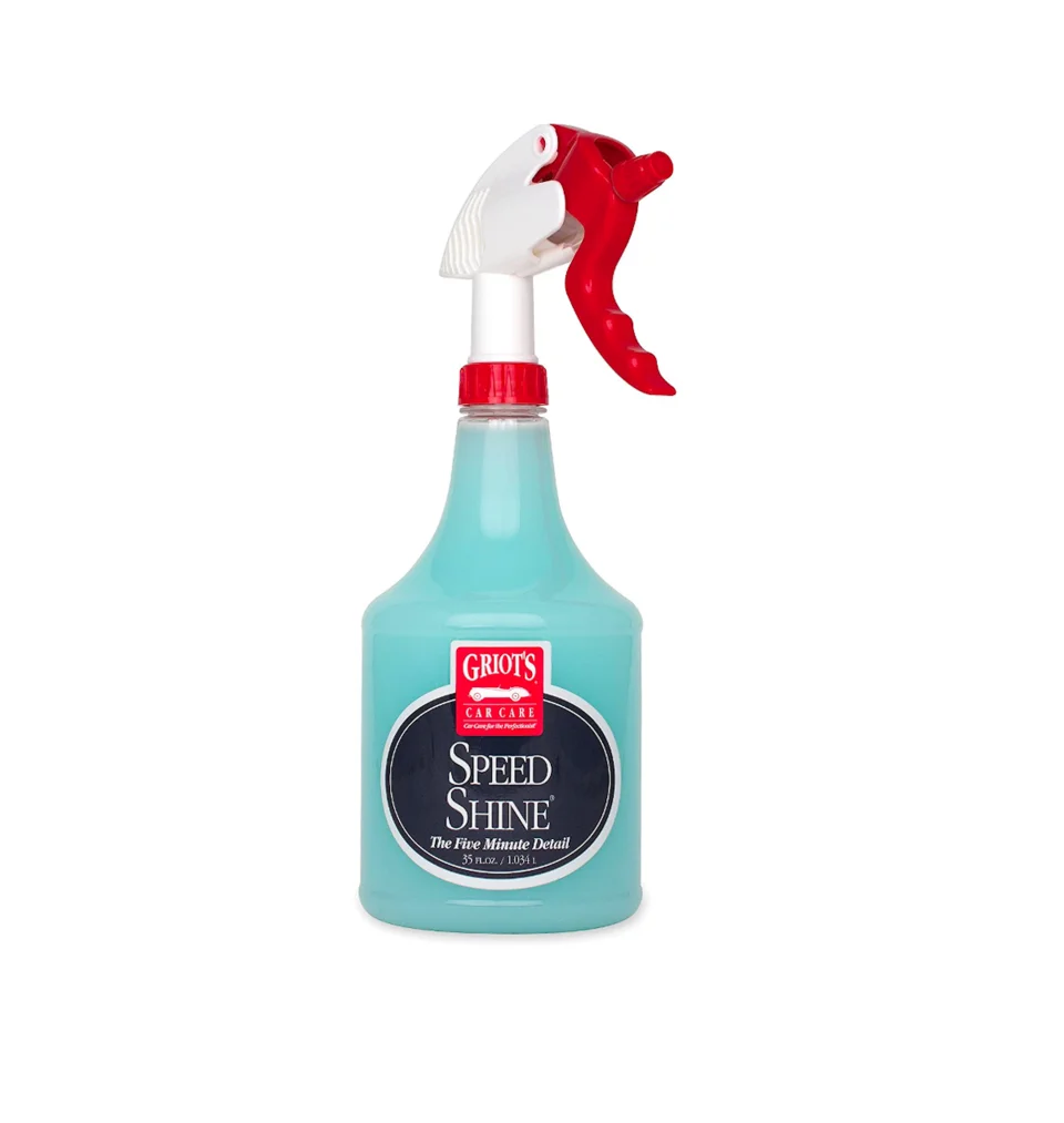 Aqua spray bottle with red trigger and Speed Shine label.