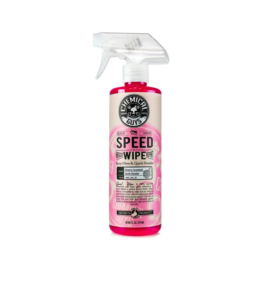 Pink bottle of Speed Wipe quick detailer spray with white trigger nozzle.