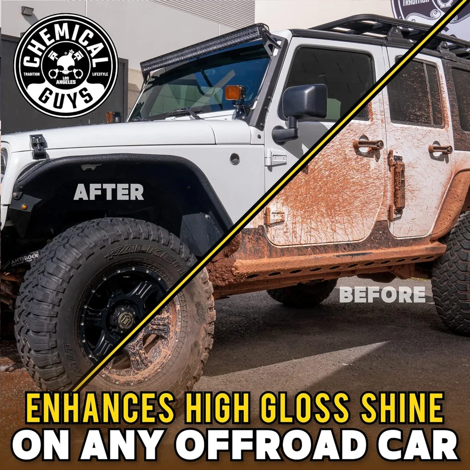 Before-and-after graphic of a muddy white Jeep, highlighting a glossy clean finish.