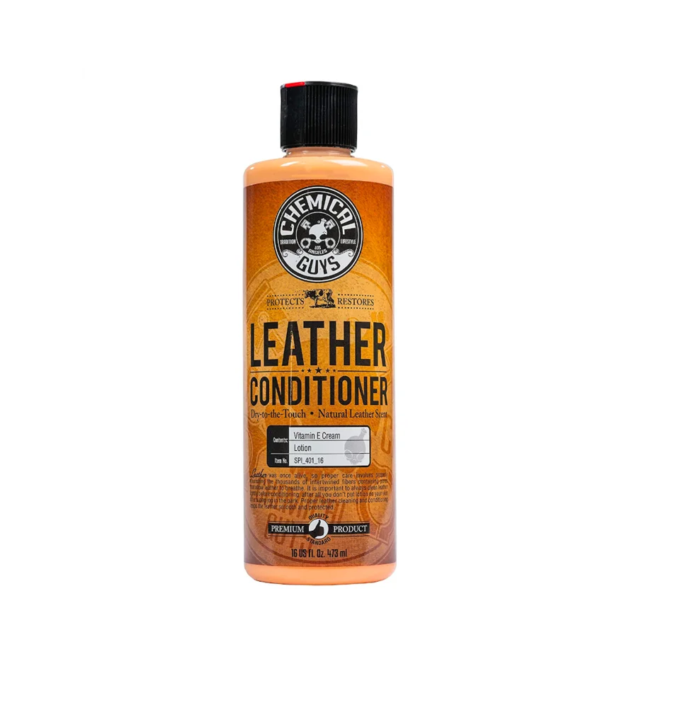 Orange bottle of leather conditioner with a black cap on a white background