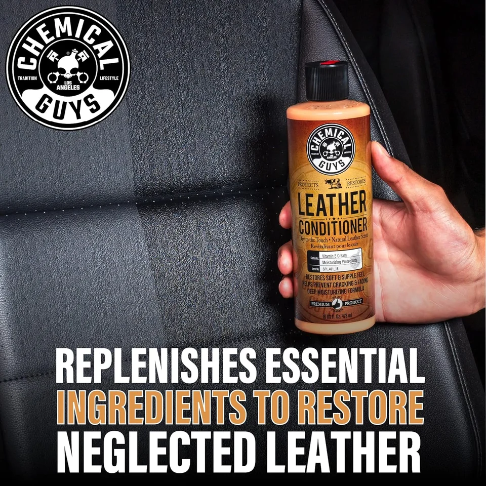 Hand holding leather conditioner bottle against car seat; ad text about restoring leather