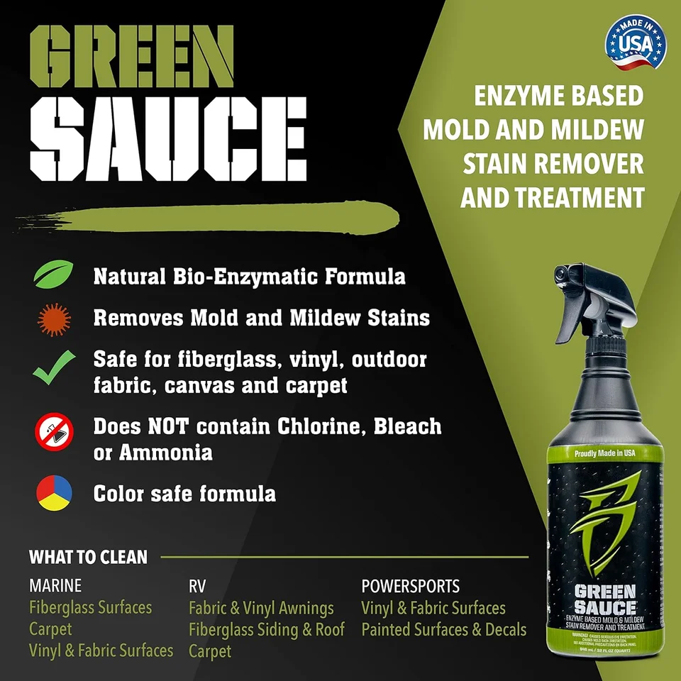 Green Sauce cleaner spray bottle with mold and stain remover text on dark green background