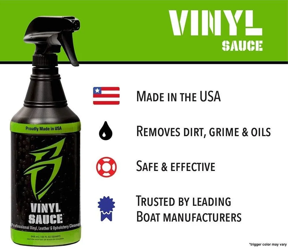 Vinyl Sauce cleaner bottle with icons: made in USA, removes dirt and oils, safe and effective