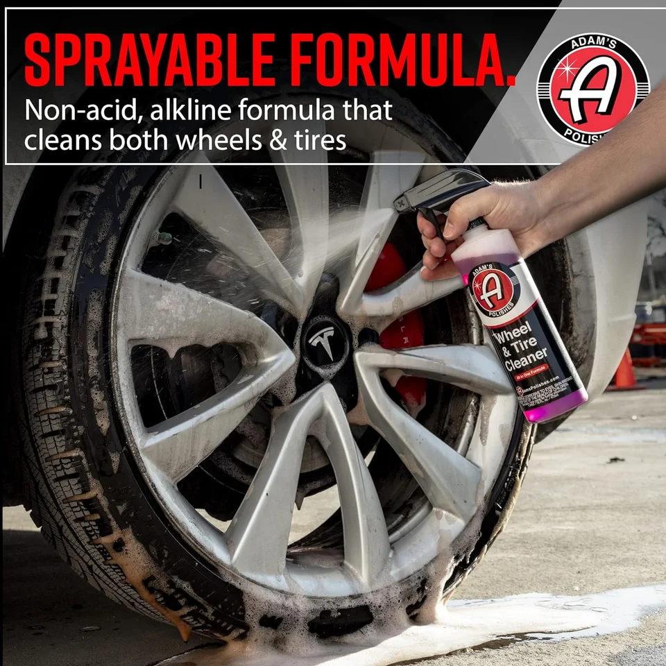 Photo of wheel cleaner spray being applied to a car tire and rim, with red ad text.
