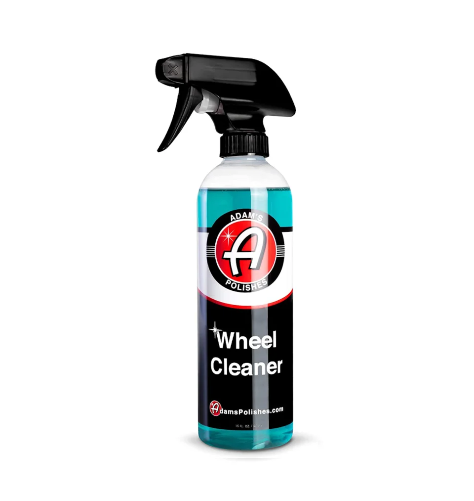 Spray bottle of wheel cleaner with turquoise liquid and black trigger nozzle