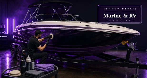 Detailer polishing a large RV motorhome beside a boat under deep purple studio lighting, with an elegant Johnny Detail marine and RV detailing emblem — Johnny Detail RV and boat detailing