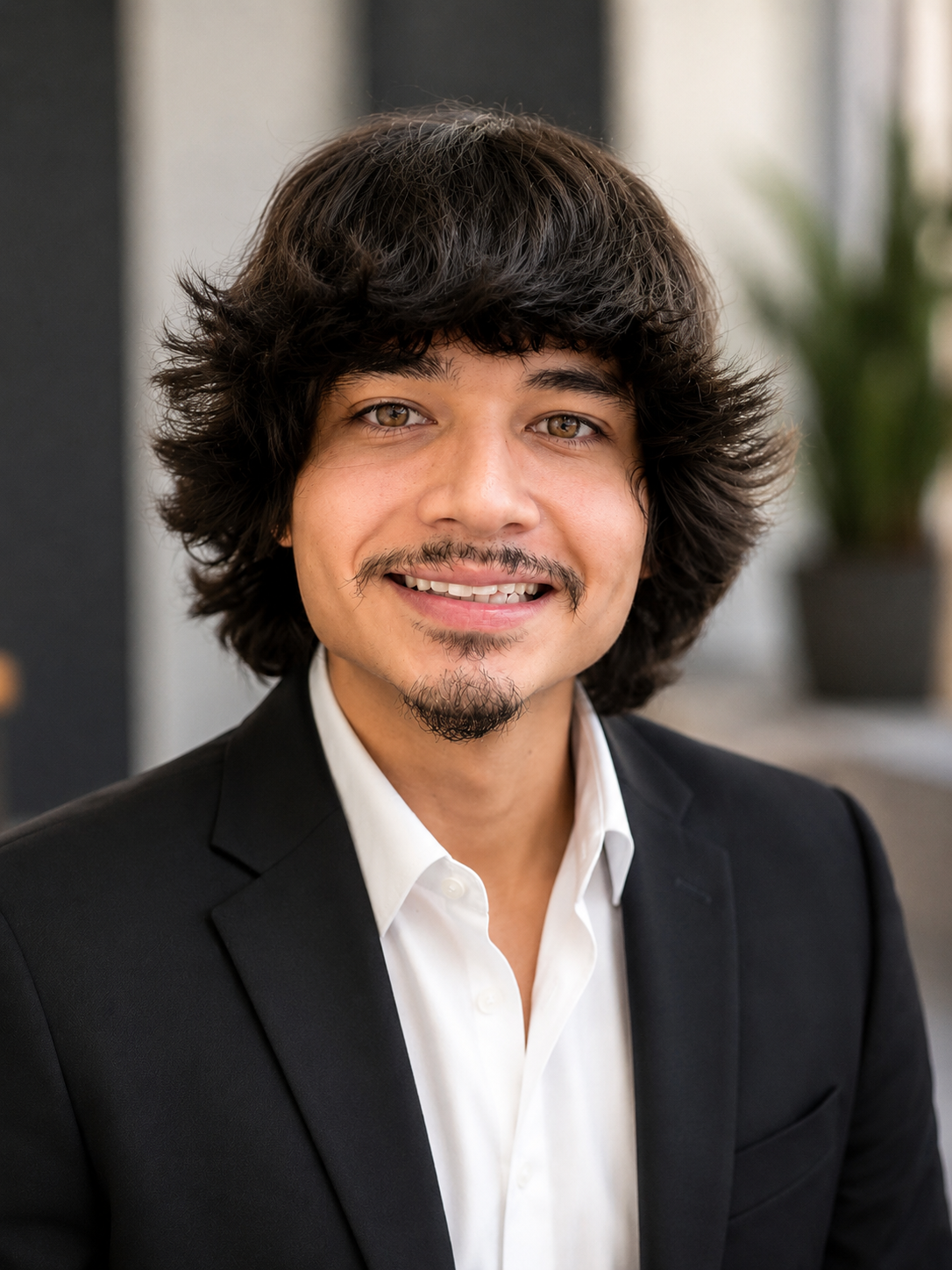 Smiling man with curly hair wearing a dark blazer and white shirt in an office setting.